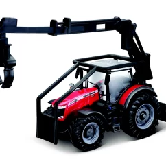 MINIATURA TRATOR MASSEY FERGUSON VERMELHO 8740S COM GRUA FLORESTAL E TRONCOS